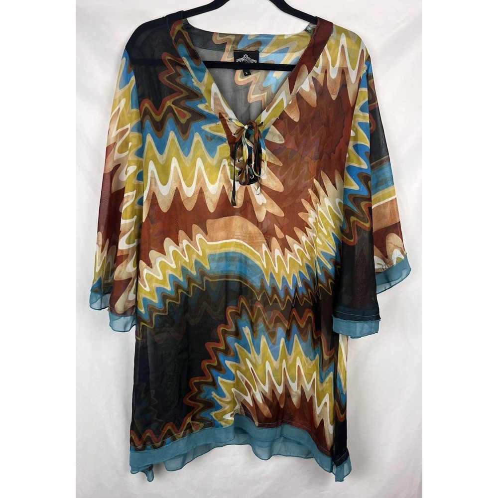 Angie Sheer Boho Tunic Top Cover Up Womens Lg Psychedelic Print Festival Blouse
